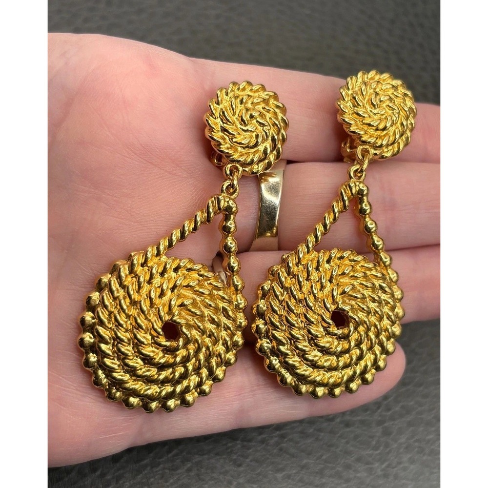 Vintage 80s Runway Rope Swirl Disc Dangle Clip On Earrings Statement Gold Tone